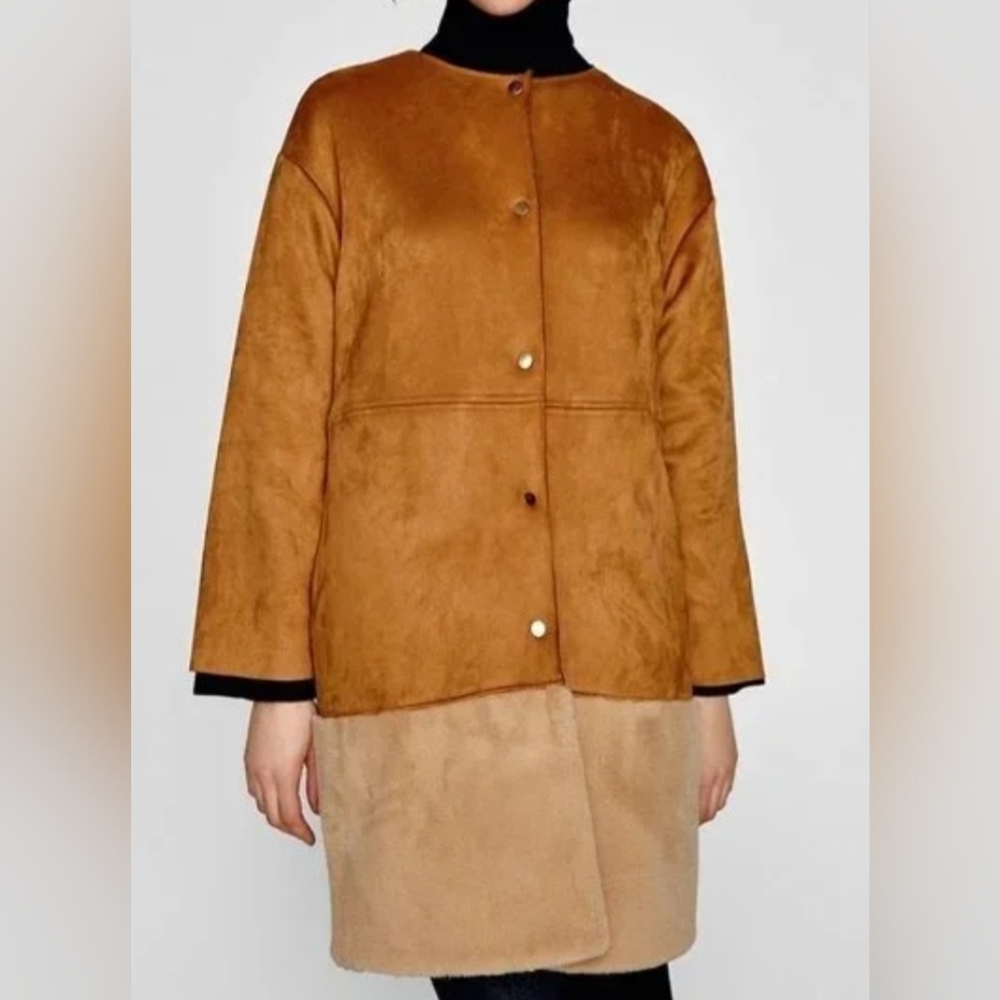 Zara Brown Faux Seude Coat With Teddy Bottom